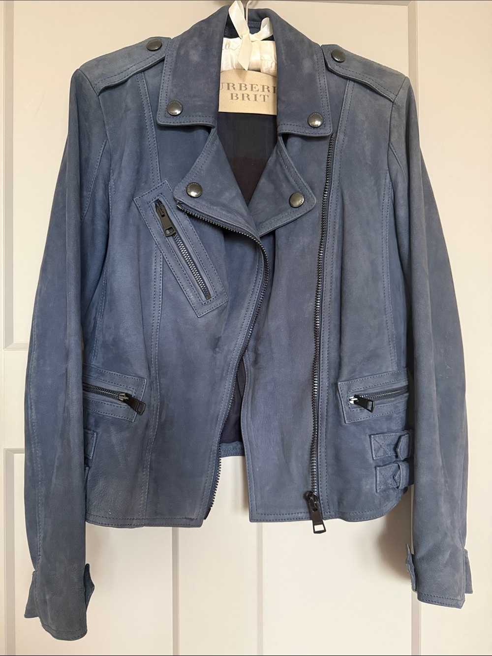 Burberry Britt dreamy soft blue/navy suede moto jacket